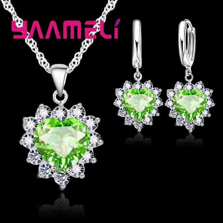 Trendy Jewelry Set for Women 925 Sterling Silver Color Heart CZ Stone Charm Pendants Necklaces Earrings LOVE Anniversary Gift-THAT FASHION STORE