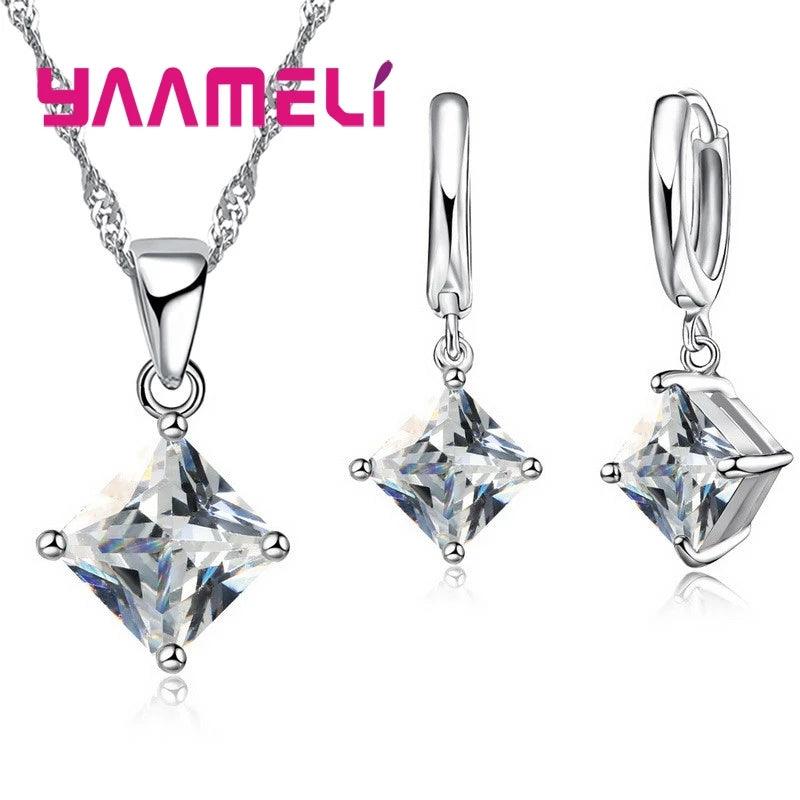 New Fashion Women Pendants Necklace Simple Geometry Square Earrings Crystal 925 Sterling Silver Jewelry Sets for Wedding-THAT FASHION STORE