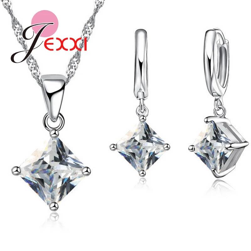 8 Colors 925 Sterling Silver Women Wedding Beautiful Pendant Necklace Earrings Set Clearly Square Crystal Jewelry Sets-THAT FASHION STORE