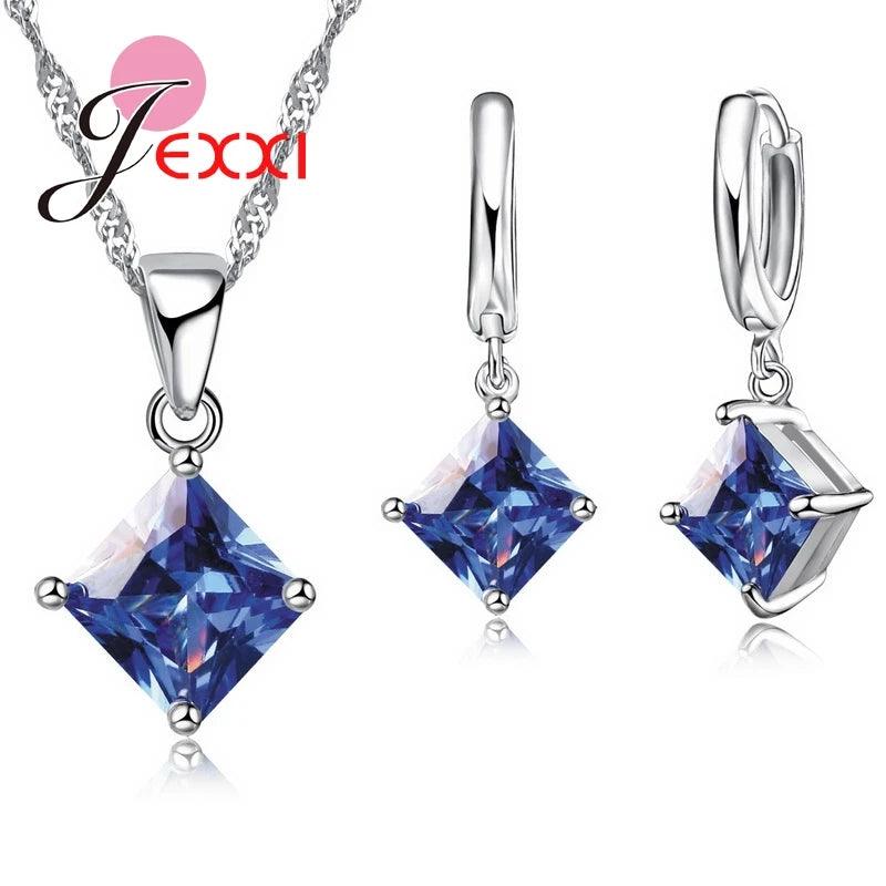 8 Colors 925 Sterling Silver Women Wedding Beautiful Pendant Necklace Earrings Set Clearly Square Crystal Jewelry Sets-THAT FASHION STORE