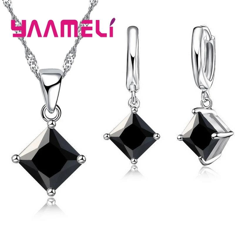 New Fashion Women Pendants Necklace Simple Geometry Square Earrings Crystal 925 Sterling Silver Jewelry Sets for Wedding-THAT FASHION STORE