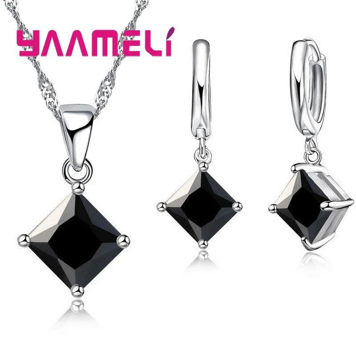 New Fashion Women Pendants Necklace Simple Geometry Square Earrings Crystal 925 Sterling Silver Jewelry Sets for Wedding-THAT FASHION STORE