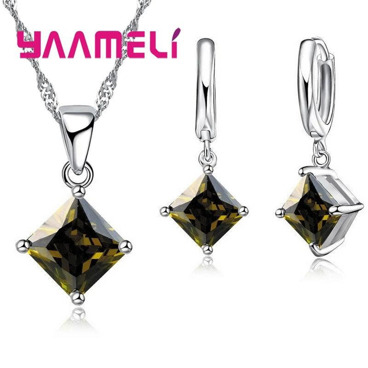 New Fashion Women Pendants Necklace Simple Geometry Square Earrings Crystal 925 Sterling Silver Jewelry Sets for Wedding-THAT FASHION STORE