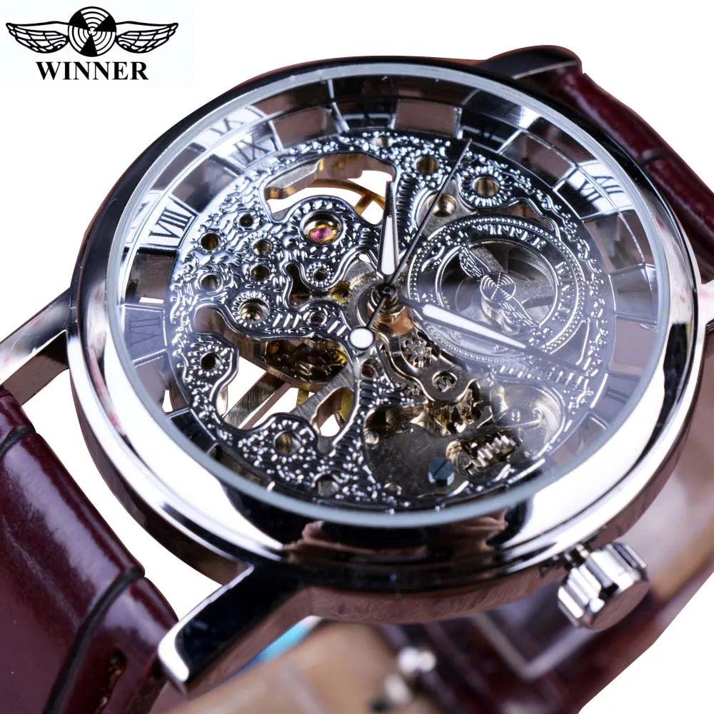 Winner Transparent Golden Case Luxury Casual Design Brown Leather Strap Mens Watches Top Brand Luxury Mechanical Skeleton Watch-THAT FASHION STORE