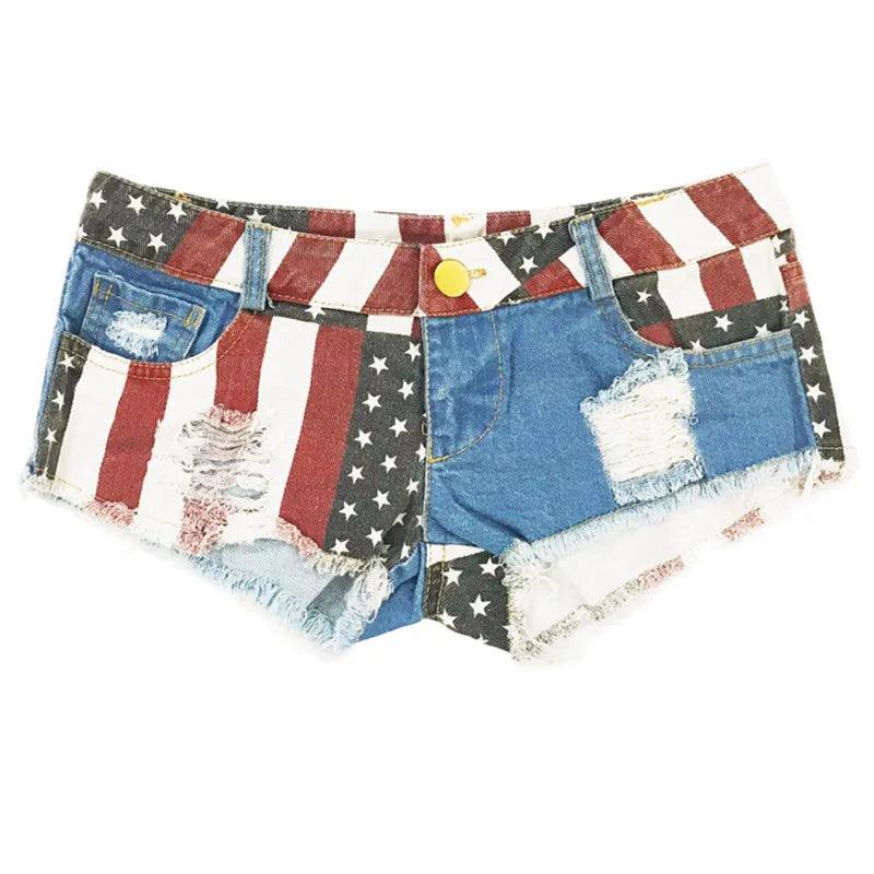 Mid Waist Jeans Shorts 2021 Women New Fashion USA Flag Printed Denim Pole Dance Skinny Hot Hole Short Pants S-XXL-THAT FASHION STORE