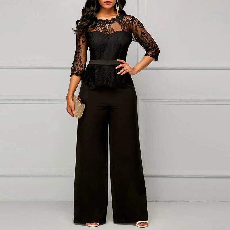 Sexy Lace Hollow Out Jumpsuits Women Spring Autumn Solid O-neck Half Sleeve Party Rompers Elegant Office Lady Wide Leg Overalls-THAT FASHION STORE