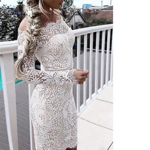 Elegant White Lace Dress Women Off Shoulder Summer One Shoulder Summer Long Sleeve Party Pencil Dress Vestidos-THAT FASHION STORE