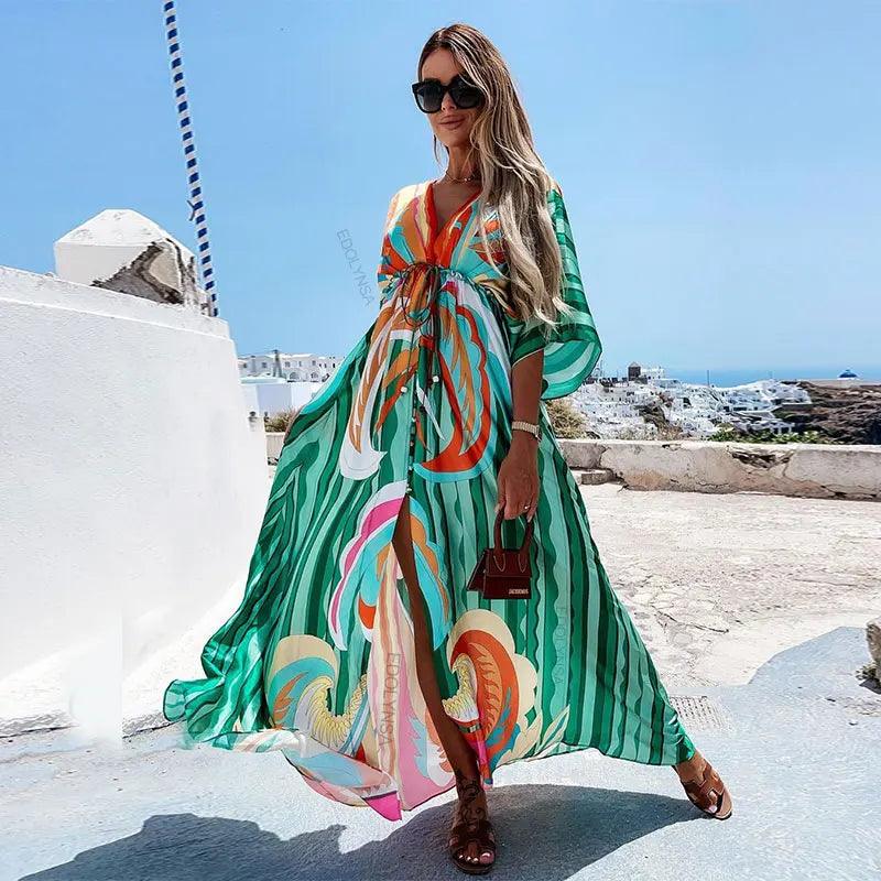 Elegant Gorgeous Printing Dress Women Casual Elastic Waist Long Party Dress 2023 Summer Loose Slit Beach Dress A932-THAT FASHION STORE