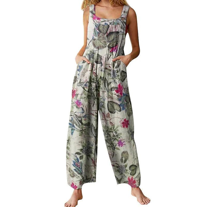 Women Rompers Hot Summer New Loose Linen Cotton Jumpsuit Sleeveless Backless Leaf Floral Print Square Neck Playsuits Overalls-THAT FASHION STORE