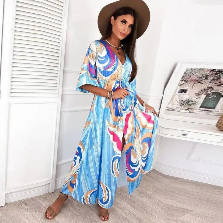 Elegant Gorgeous Printing Dress Women Casual Elastic Waist Long Party Dress 2023 Summer Loose Slit Beach Dress A932-THAT FASHION STORE