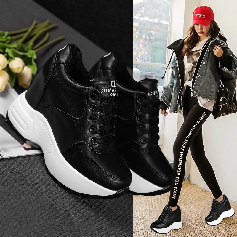 Women's Ankle Boots 2024 Spring Leather Chunky Shoes Woman Platform Height Increased Sneakers 10CM Thick Sole Wedges White Boots-THAT FASHION STORE