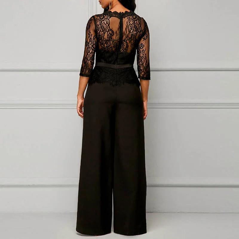 Sexy Lace Hollow Out Jumpsuits Women Spring Autumn Solid O-neck Half Sleeve Party Rompers Elegant Office Lady Wide Leg Overalls-THAT FASHION STORE