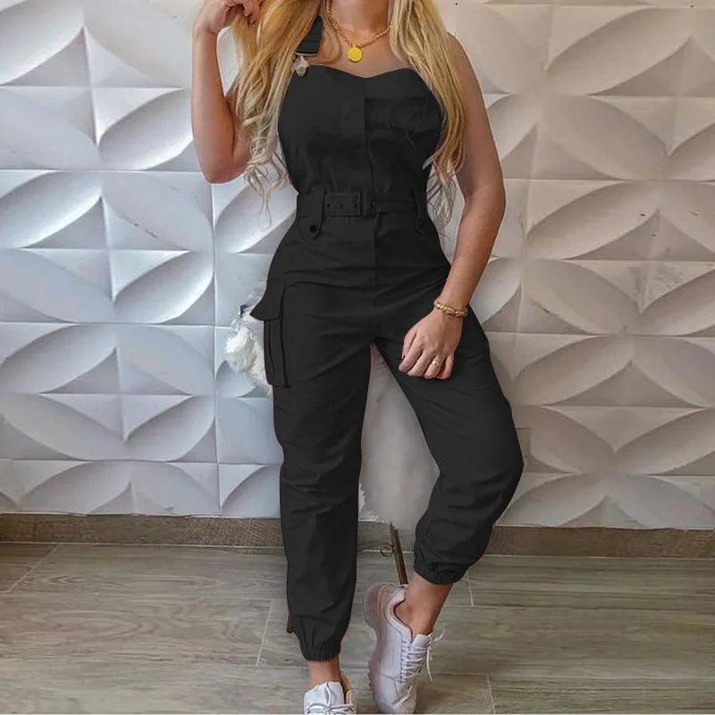 Women Strap Jumpsuit Summer Loose Dungarees Long Rompers Solid Pockets Cargo Pants Female Casual Work Out Playsuits-THAT FASHION STORE