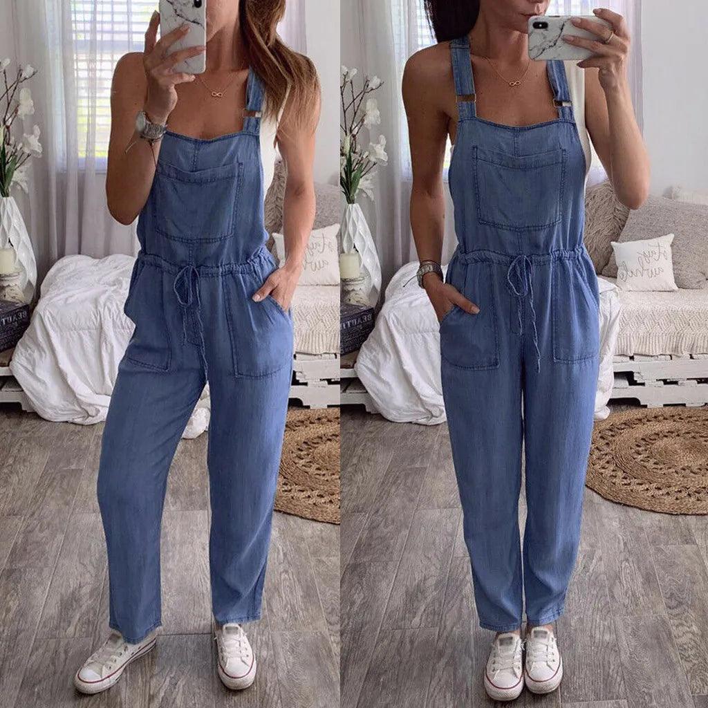 Women One-Piece Denim Jumpsuit Solid Color Dungarees Overalls Fashion Casual Pocket Drawstring Jumpsuit женская одежда 2023-THAT FASHION STORE