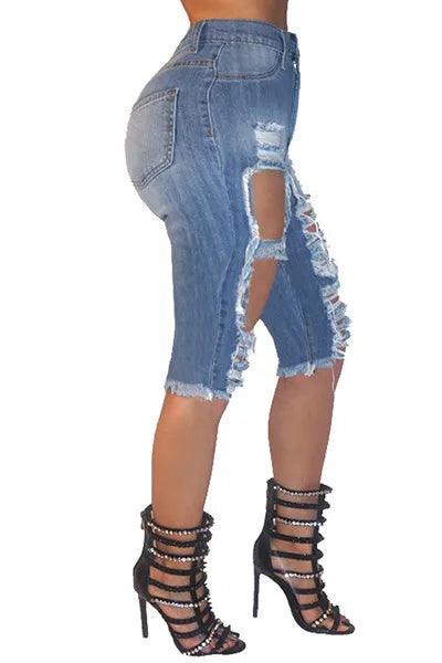 Trendy Women's Ripped Jeans Fashion Elastic High Waist Skinny Denim Jeans Knee Length Pencil Pants Summer Casual Hipster Jeans-THAT FASHION STORE