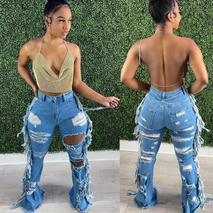 Streetwear denim Cowboy Pants High Waist Side Tassel Pockets Sexy Hole Hollow Out ripped jeans women Skinny boyfriend jeans-THAT FASHION STORE