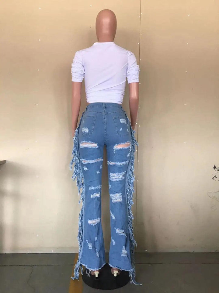 Streetwear denim Cowboy Pants High Waist Side Tassel Pockets Sexy Hole Hollow Out ripped jeans women Skinny boyfriend jeans-THAT FASHION STORE