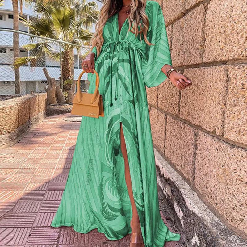 Elegant Gorgeous Printing Dress Women Casual Elastic Waist Long Party Dress 2023 Summer Loose Slit Beach Dress A932-THAT FASHION STORE