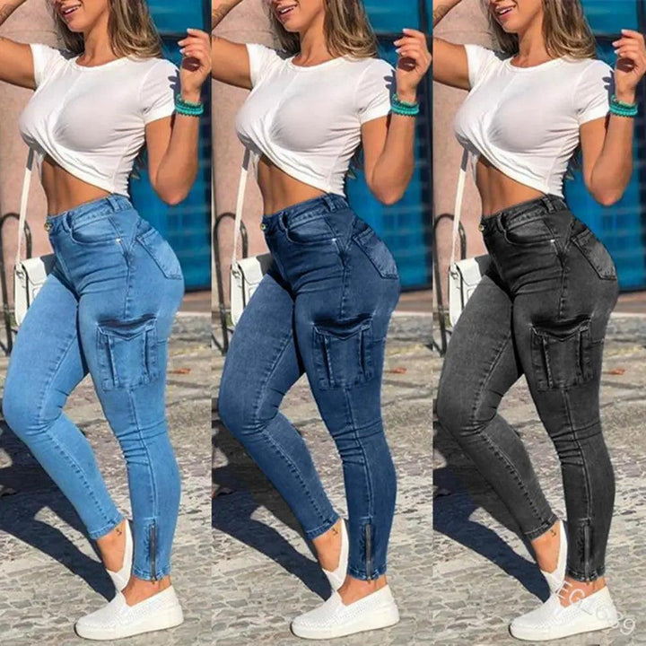 Popular Denim Pants Distressed Trousers Zipper Cuff Pockets Skinny Jeans Cargo Jeans Women Jeans-THAT FASHION STORE