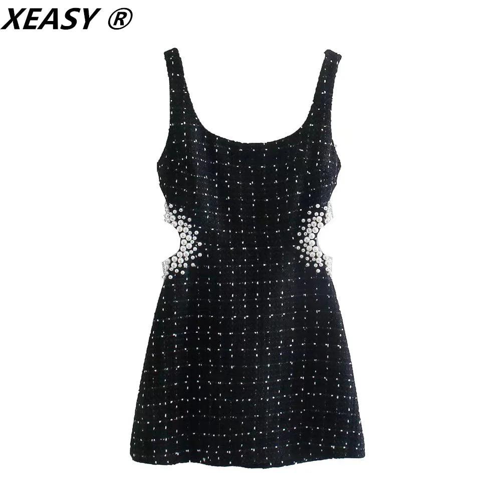 XEASY Tweed Dress Women Sexy Bodycon Slip Dress For Women 2021 Vintage Black Casual Women Clothing Hollow Out Waist Mini Dresses-THAT FASHION STORE