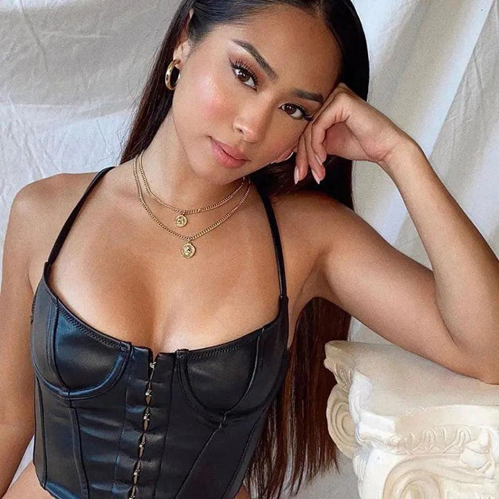 Women's Corset Sexy Black PU Leather Bustier Crop Top Fashion Lady Sleeveless Strap Camis Clubwear Summer Low-cut Slim Camis-THAT FASHION STORE