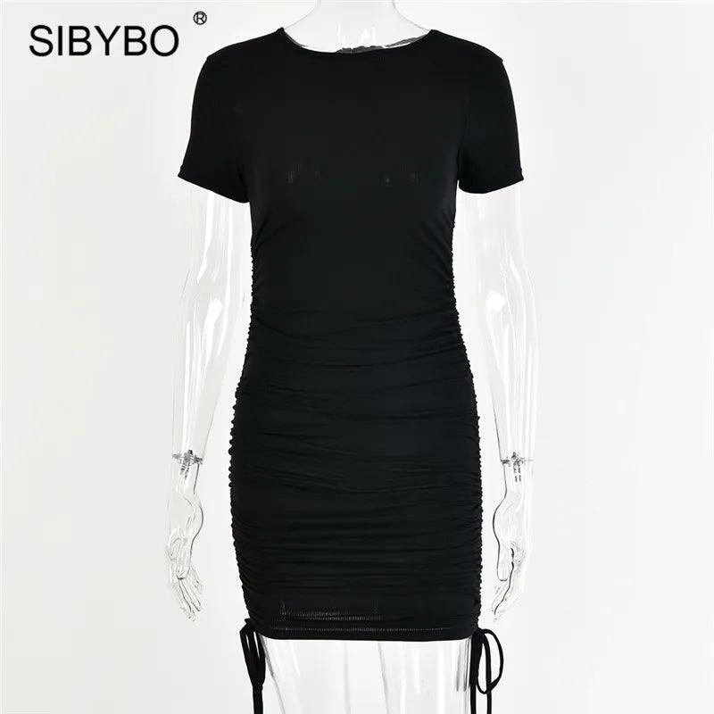 Sibybo Black Sexy Bodycon Summer Dress Women Drawstring Ruched Bandage Mini Dress Casual Elastic Knitted Party Dresses Vestidos-THAT FASHION STORE