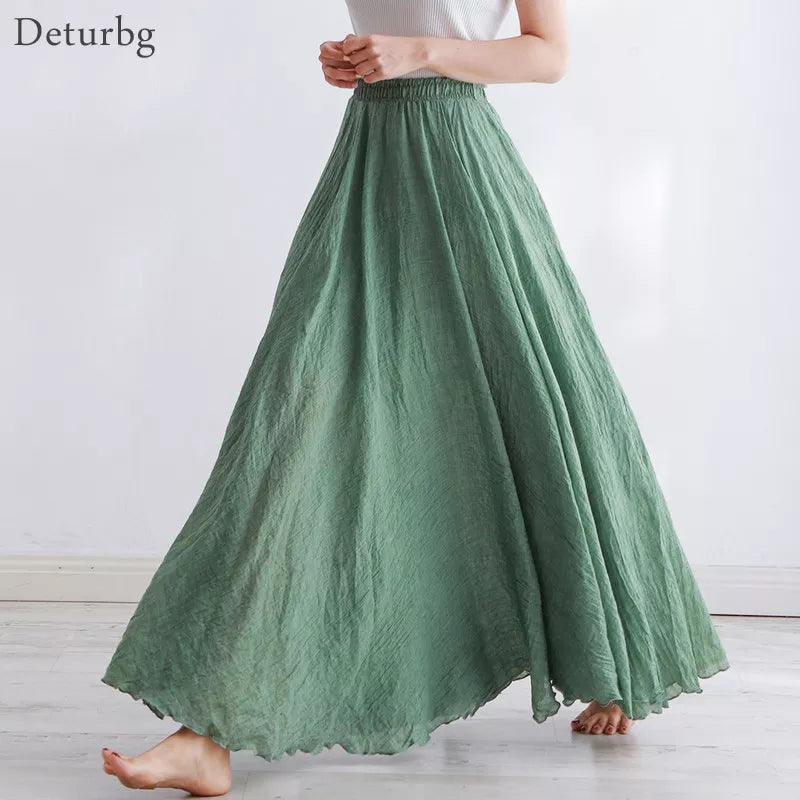 High Quality Cotton Linen Maxi Skirt Womens Casual Elastic High Waist Pleated A-Line Beach Skirts Boho Saia Feminina Faldas Jupe-THAT FASHION STORE