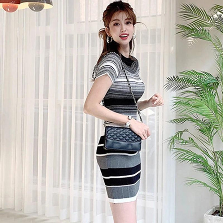 H Han Queen Elegant Stripe Office Pencil Elastic Knitted Dress Women Autumn High Waist Sheath Dresses Work Bodycon Vestidos New-THAT FASHION STORE