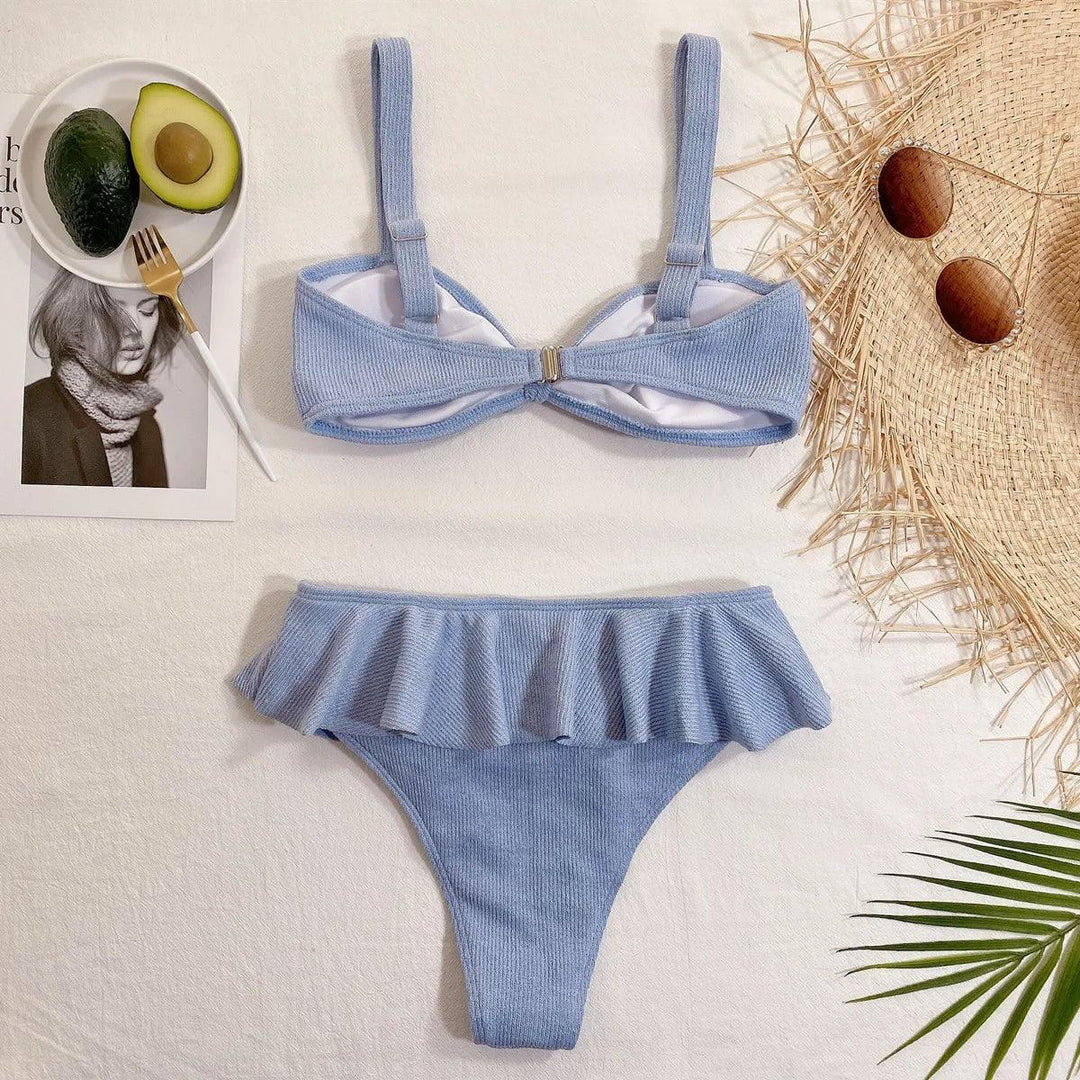 High Waisted Bikini Ruffle Swimsuit 2021 Swimwear Women Knotted Beachwear Ribbed Bathing Suit Brazilian Bikinis Summer-THAT FASHION STORE