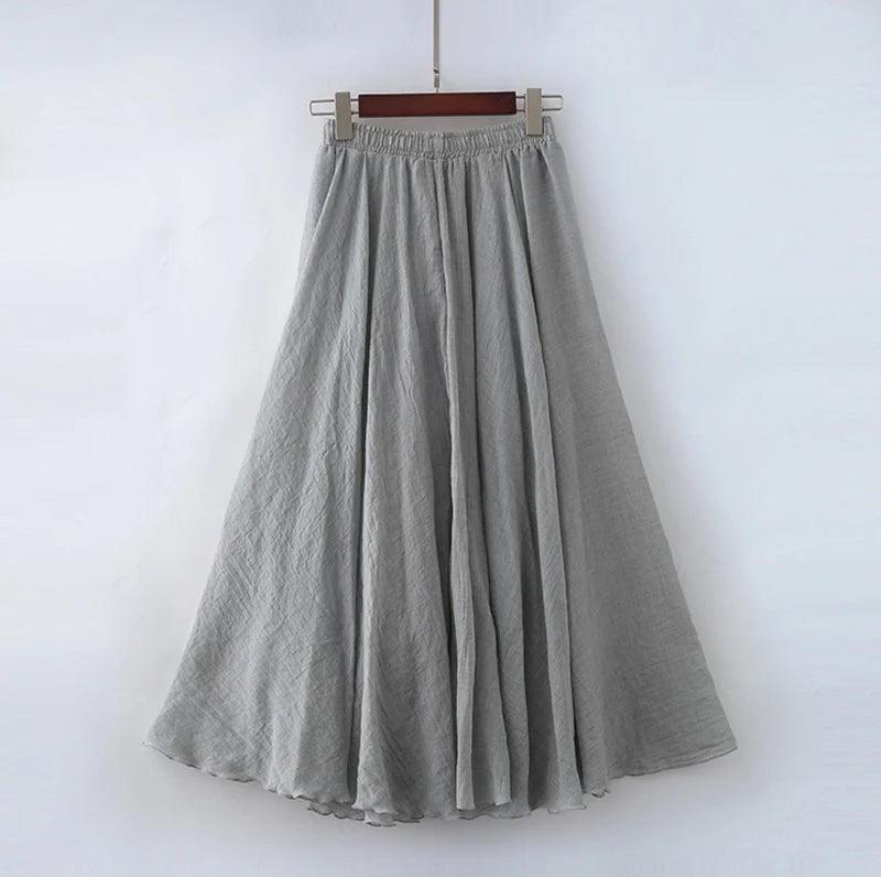 High Quality Cotton Linen Maxi Skirt Womens Casual Elastic High Waist Pleated A-Line Beach Skirts Boho Saia Feminina Faldas Jupe-THAT FASHION STORE