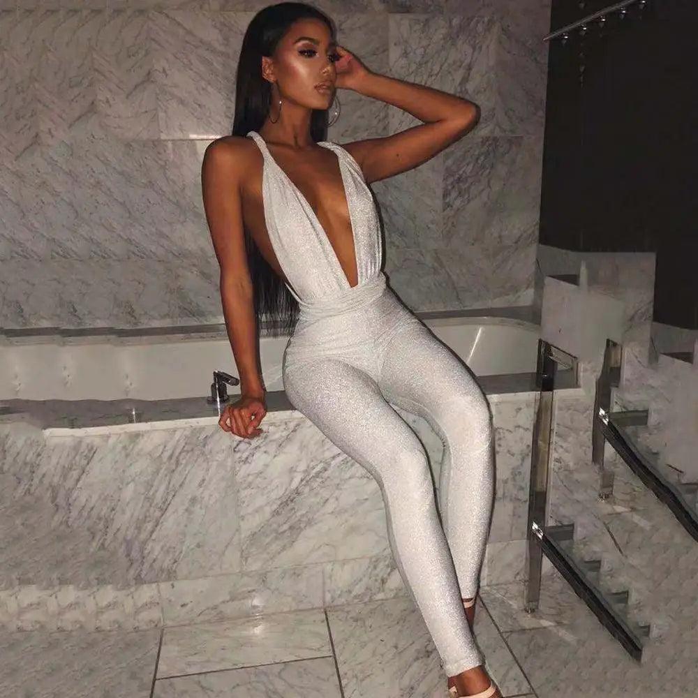 Sexy Sparkle Jumpsuit Women Off Shoulder Lace Up Bodycon Bandage Long Pants Glitter Backless Party Club Rompers Womens Jumpsuits-THAT FASHION STORE