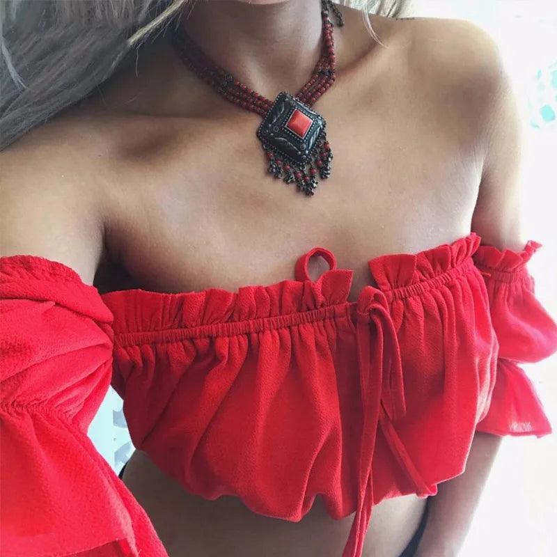 crop tops women 2021 summer lantern sleeve sexy strapless beach tops red black white ruched crop top croptop-THAT FASHION STORE