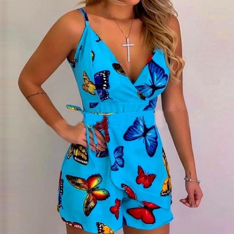 Sexy V-neck Spaghetti Strap Floral Print Women Short Romper Playsuit Female Beach Ruffle Sleeveless 2023 Fashion Casual Jumpsuit-THAT FASHION STORE