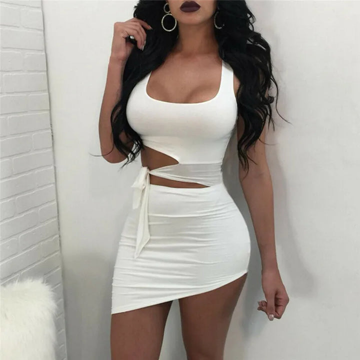 Chic Women's Hollow Out High Waist O-Neck Mini Dress for Evening Party - THAT FASHION STORE