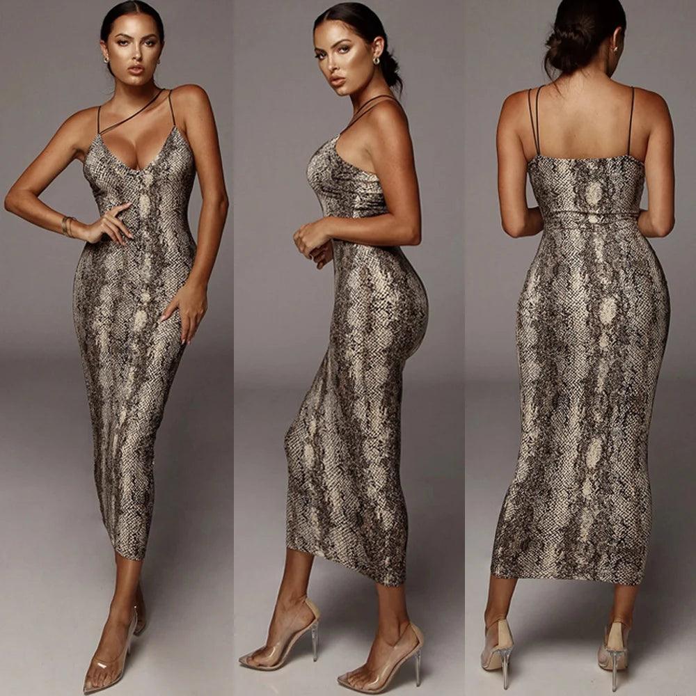 Sexy V Neck Leopard Slim Long Dress Women Spaghetti Strap Backless Slim Strappy Snake Sheath Party Club Pencil Dress Vestidos-THAT FASHION STORE