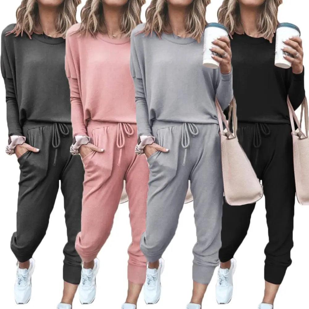 Women Solid Color Long Sleeve O Neck Blouse Top Drawstring Pants Sport Tracksuit Sports shirts autumn winter set Tracksuit Women-THAT FASHION STORE