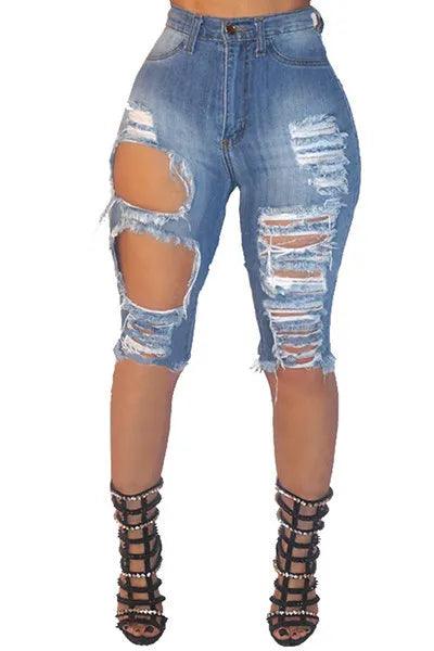 Trendy Women's Ripped Jeans Fashion Elastic High Waist Skinny Denim Jeans Knee Length Pencil Pants Summer Casual Hipster Jeans-THAT FASHION STORE