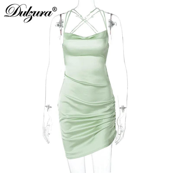 Dulzura Satin Women Strap Mini Dress Ruched Lace Up Cross Bandage Backless Bodycon Sexy Party Elegant 2023 Club Christmas Slim-THAT FASHION STORE