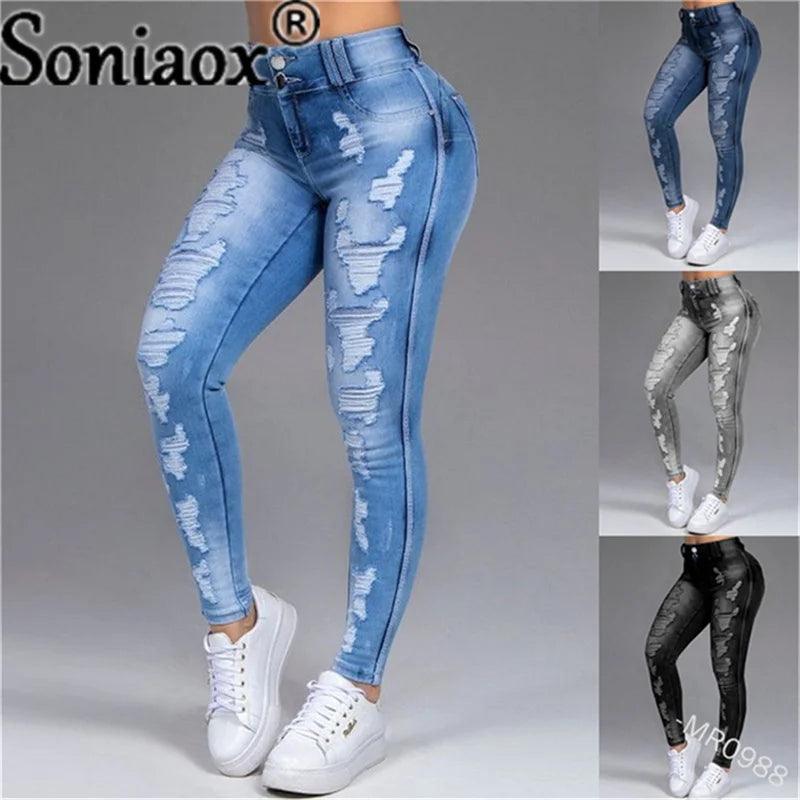 Women Pants High Stretch Jeans High Waist Skinny Ripped Vintage Hole Slim Large Full Length Distressed Trousers 2021-THAT FASHION STORE