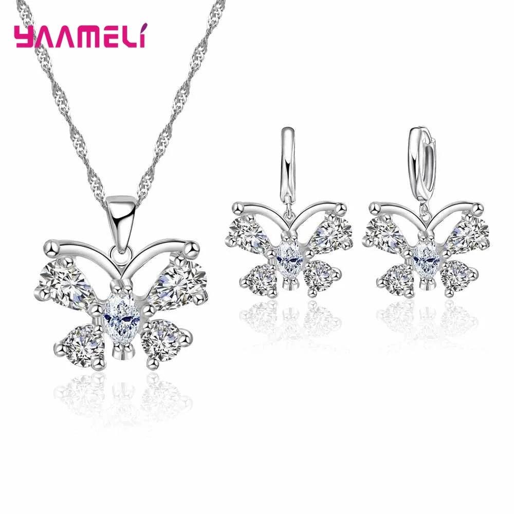 Cheap Sale 925 Sterling SilverCrystal Flower Square Pendant Necklace Earrings Jewelry Set For Women Girls Wedding Engagement-THAT FASHION STORE