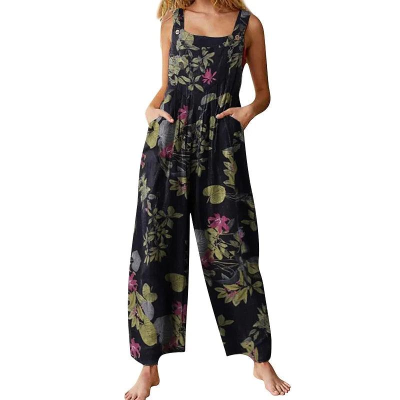 Women Rompers Hot Summer New Loose Linen Cotton Jumpsuit Sleeveless Backless Leaf Floral Print Square Neck Playsuits Overalls-THAT FASHION STORE