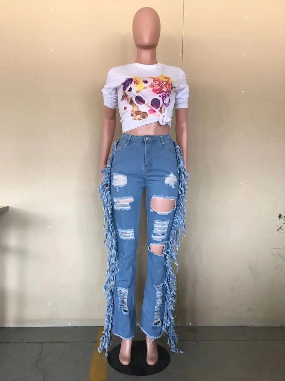 Streetwear denim Cowboy Pants High Waist Side Tassel Pockets Sexy Hole Hollow Out ripped jeans women Skinny boyfriend jeans-THAT FASHION STORE