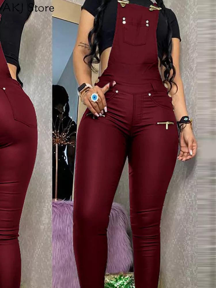 Women One Piece Outfits PU Jumpsuits Buckled Zipper Design Suspender Jumpsuit-THAT FASHION STORE