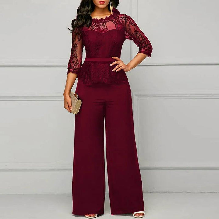 Sexy Lace Hollow Out Jumpsuits Women Spring Autumn Solid O-neck Half Sleeve Party Rompers Elegant Office Lady Wide Leg Overalls-THAT FASHION STORE