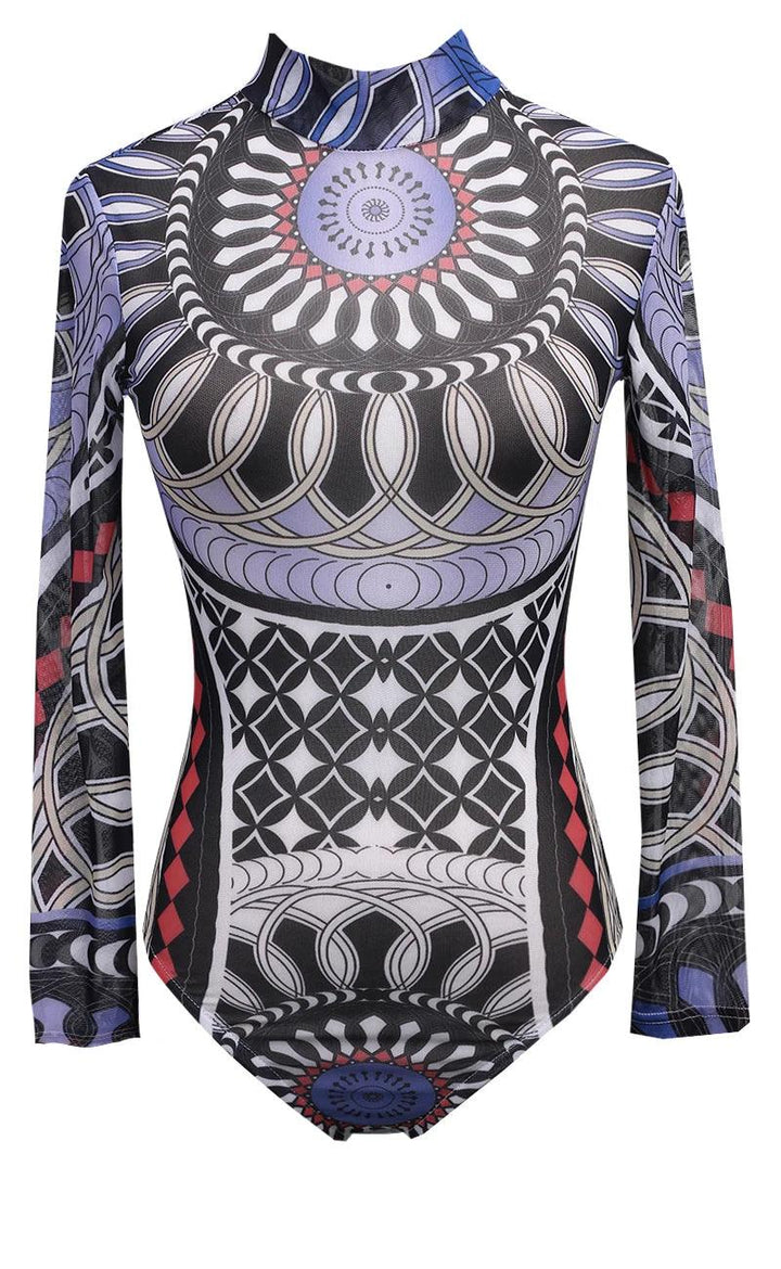 Women Gothic Tattoo Tribal Print Stretchy Skinny Bodysuit Sexy See-Through Mesh Sheer Long Sleeve Top Pullovers Clubwear Bodycon-THAT FASHION STORE