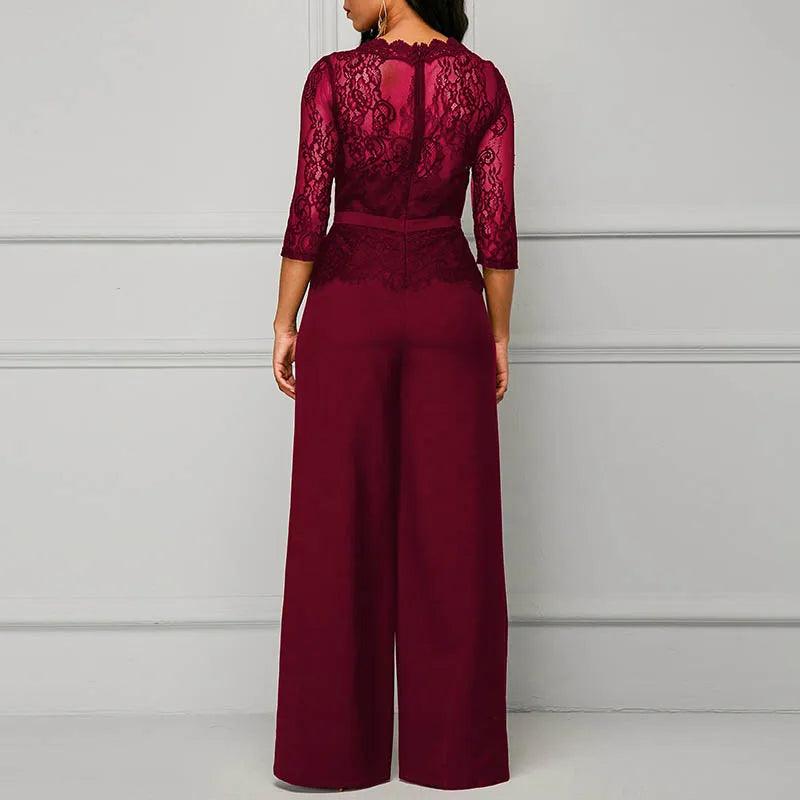 Sexy Lace Hollow Out Jumpsuits Women Spring Autumn Solid O-neck Half Sleeve Party Rompers Elegant Office Lady Wide Leg Overalls-THAT FASHION STORE