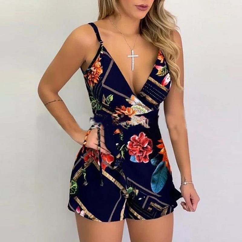 Sexy V-neck Spaghetti Strap Floral Print Women Short Romper Playsuit Female Beach Ruffle Sleeveless 2023 Fashion Casual Jumpsuit-THAT FASHION STORE