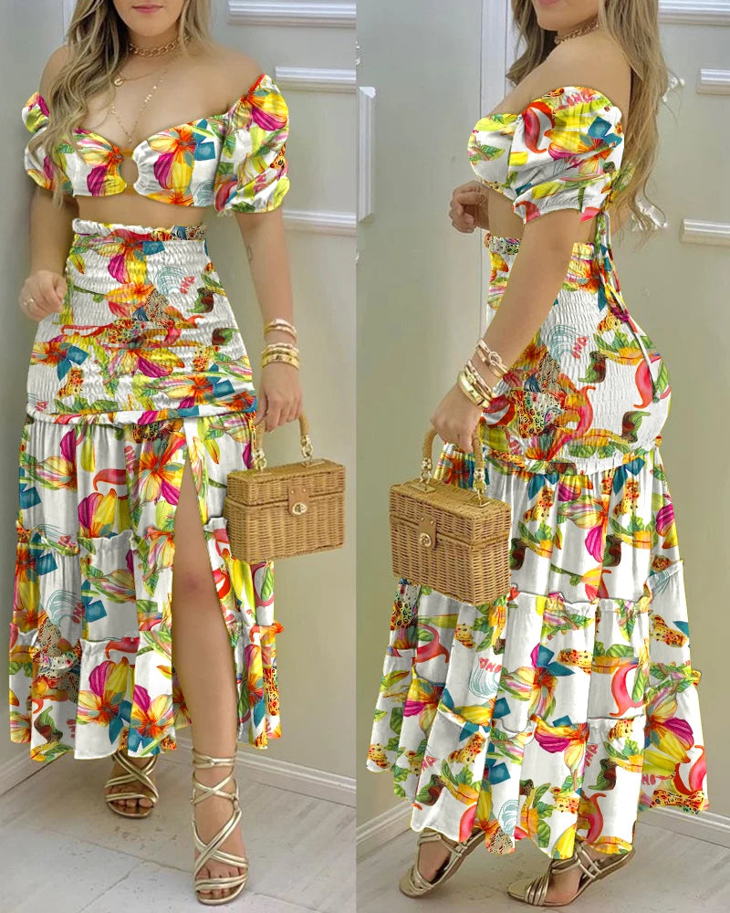 Commuting Style 2023 Fashion Holiday Floral Print O Neck Crop Top Shirr Slit High Waist Women Maxi Skirt Casual Sexy Sets - THAT FASHION STORE