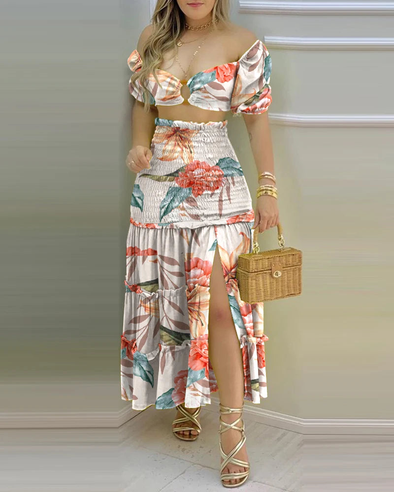 Commuting Style 2023 Fashion Holiday Floral Print O Neck Crop Top Shirr Slit High Waist Women Maxi Skirt Casual Sexy Sets - THAT FASHION STORE