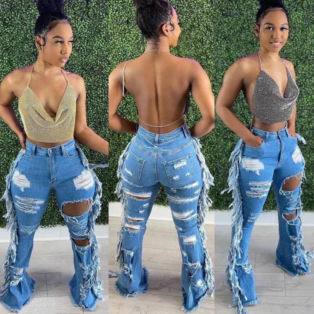 Streetwear denim Cowboy Pants High Waist Side Tassel Pockets Sexy Hole Hollow Out ripped jeans women Skinny boyfriend jeans-THAT FASHION STORE